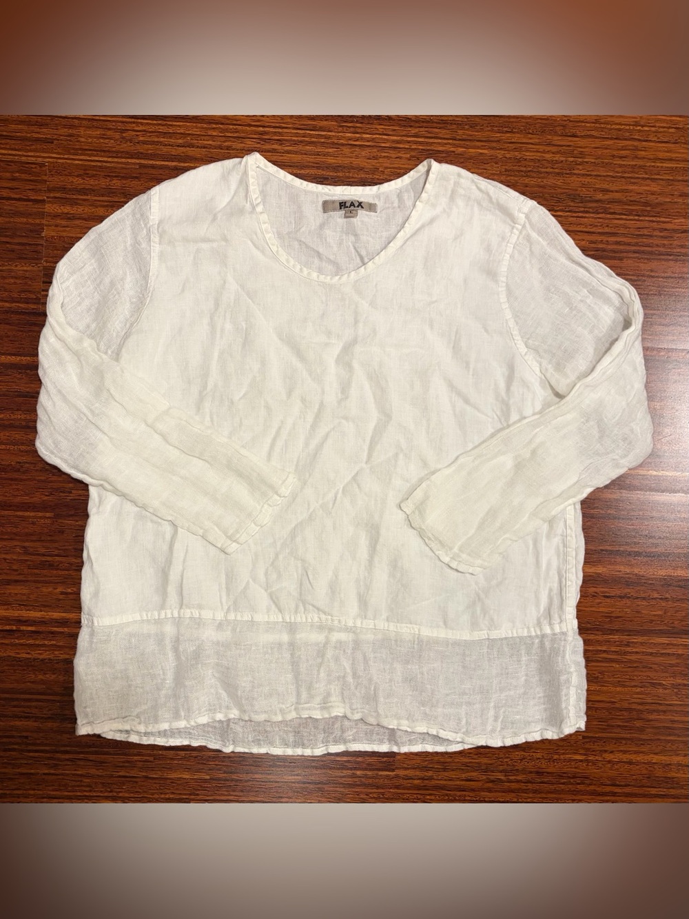 FLAX Antique White Linen Mesh Panel Crew Neck Blouse Tunic Shirt Large